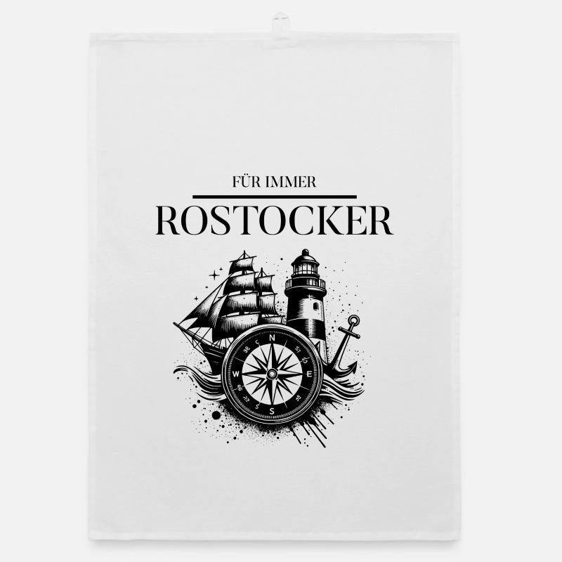 Für immer Rostocker Mit Leuchtturm und Kompass - Organic Geschirrtuch - Weiß