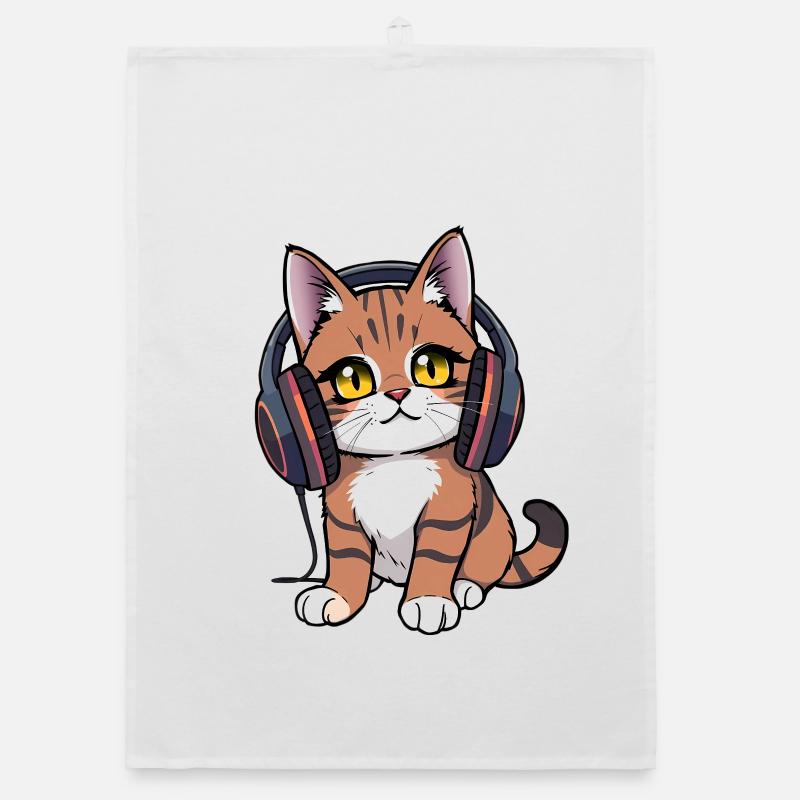 Chat avec des écouteurs - Torchon bio - blanc