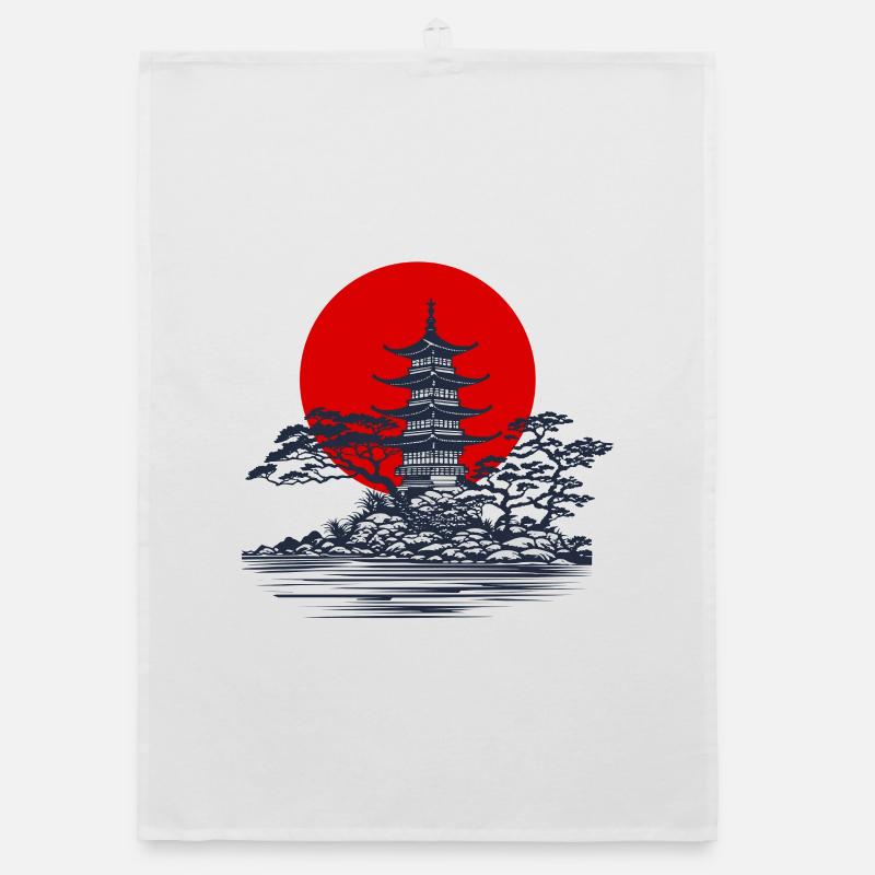 Pagode Silhouette mit roter Sonne Szene - Organic Geschirrtuch - Weiß