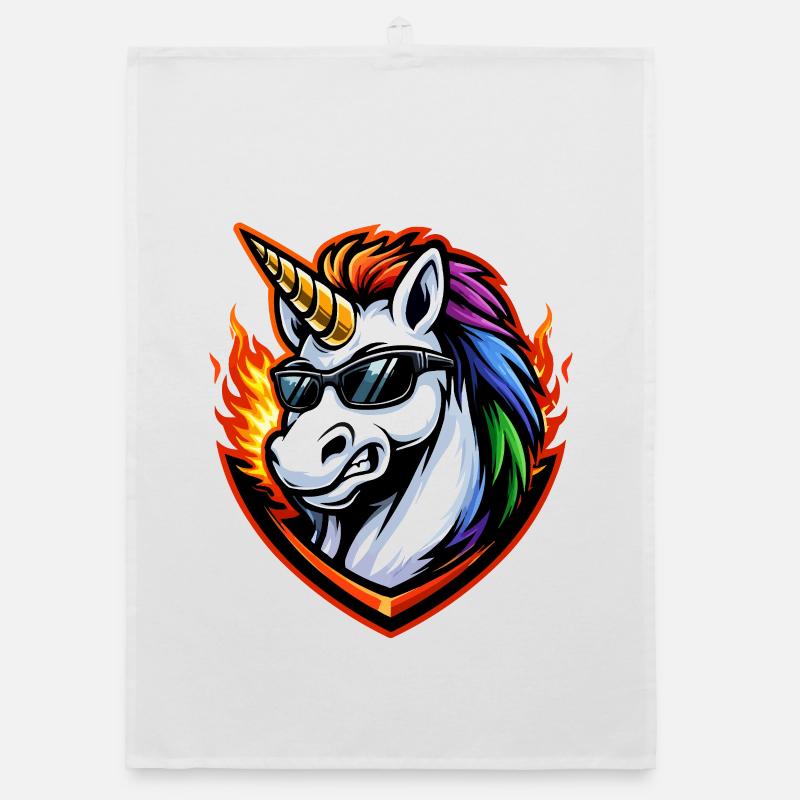 Licorne arc-en-ciel de feu avec lunettes de soleil Torchon bio