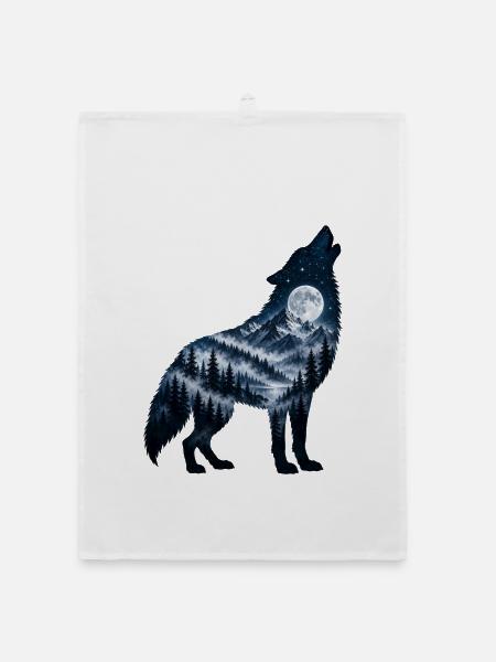 Wolf Krafttier Vollmond - Organic Geschirrtuch - Weiß