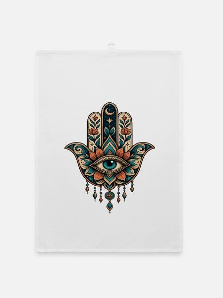 Florale Hamsa mit zentralem Auge Hand von Fatima - Organic Geschirrtuch - Weiß