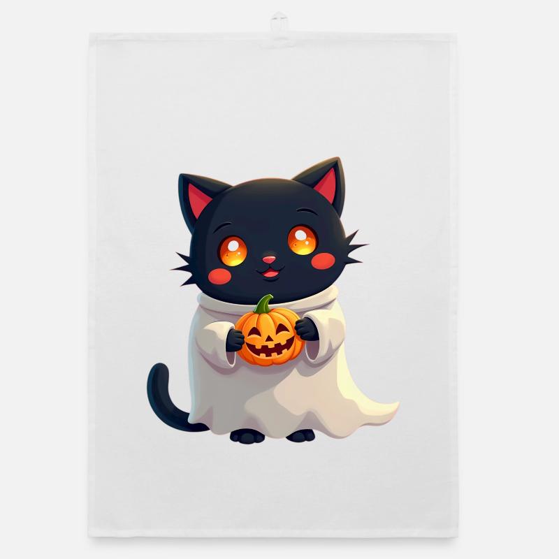 Chat d’Halloween avec citrouille d’Halloween Torchon bio