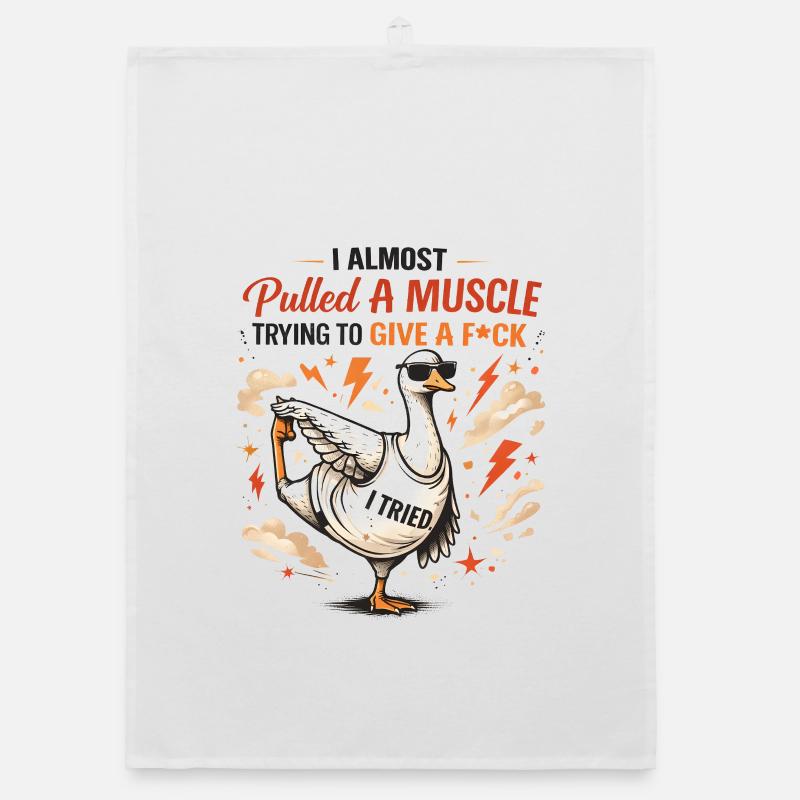 Sarcastic duck with muscle pulling funny goose Organic dish towel