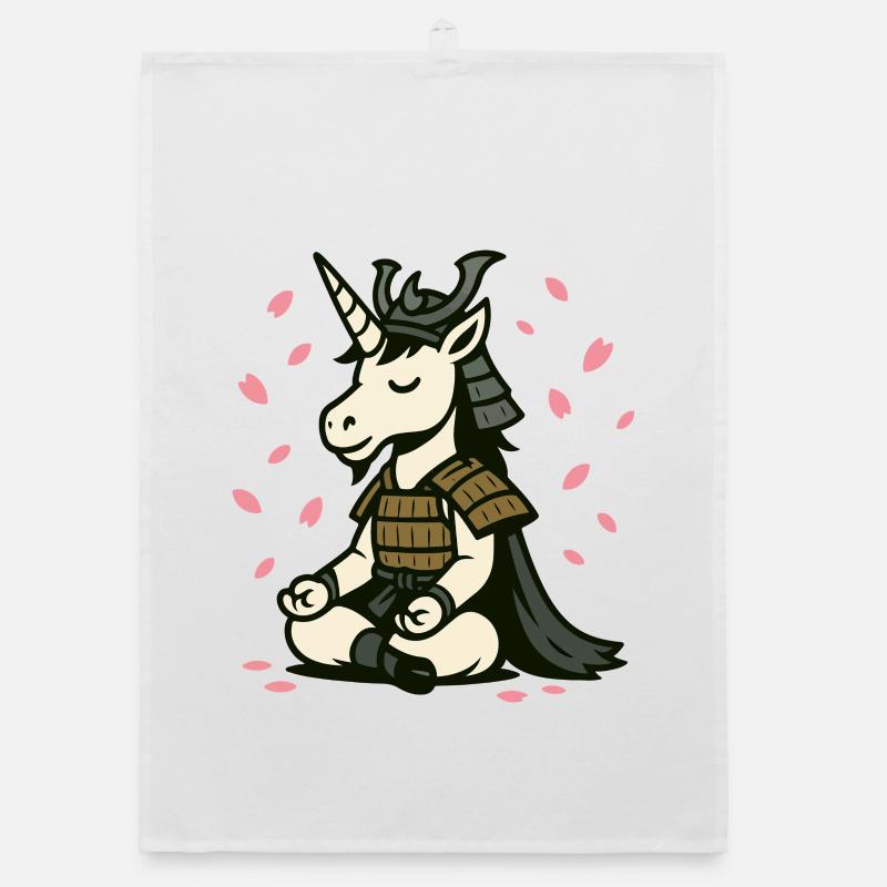 Meditating Samurai Unicorn with Cherry Blossoms Organic dish towel
