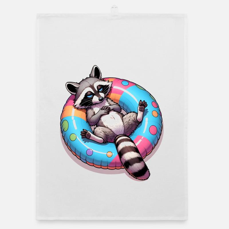 A relaxed raccoon on a swimming ring Organic dish towel