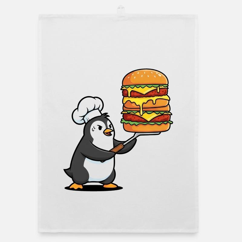 Cute penguin sweating with hamburger BBQ grilling Organic dish towel