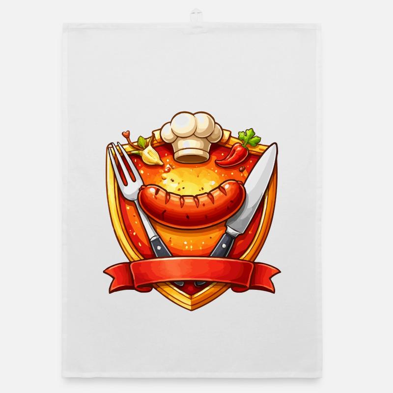 Gegrillte Wurst auf rotem Teller Schild Organic Geschirrtuch