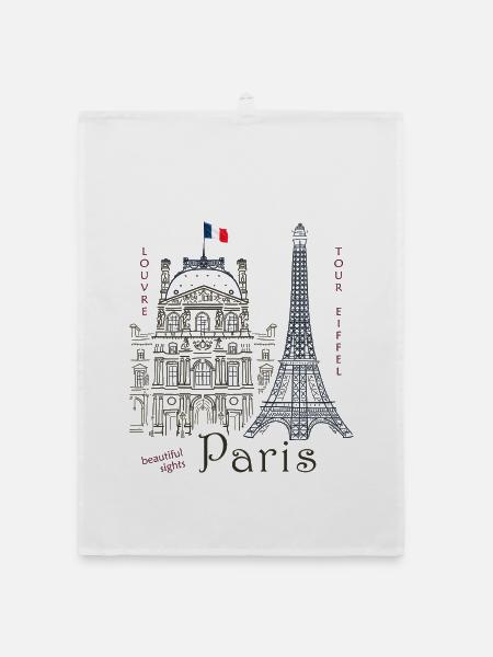 Paris, Zeichnung Louvre & Eiffelturm - Organic Geschirrtuch - Weiß