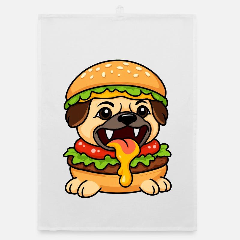 Drôle de carlin avec burger cheeseburger restauration rapide Torchon bio