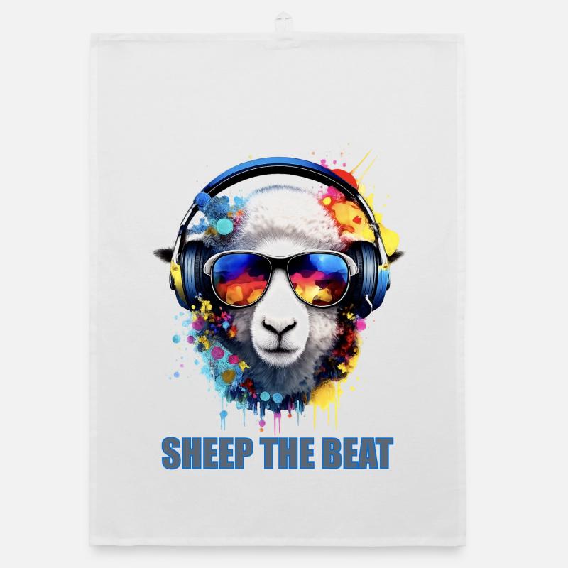 Sheep The Beat: Buntes Kopfhörer-Schaf - Organic Geschirrtuch - Weiß