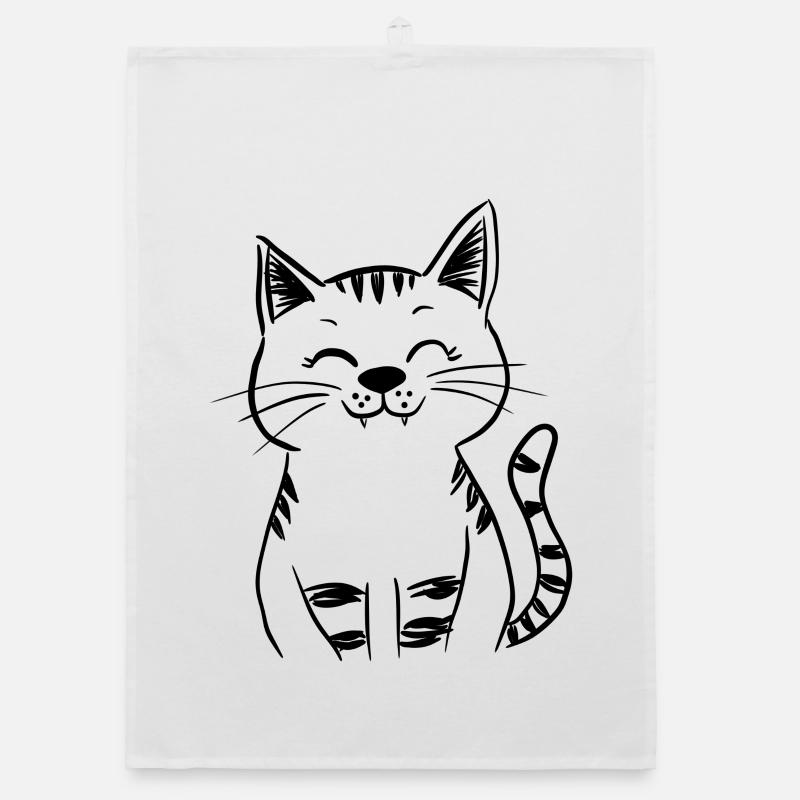 Dessin de trait minimaliste de chat souriant – Happy Kitty Torchon bio