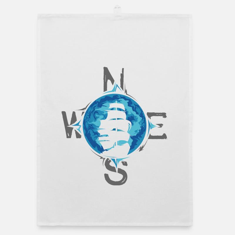 Sailing Ship Compass Illustration Sea Moon Blue Organic dish towel