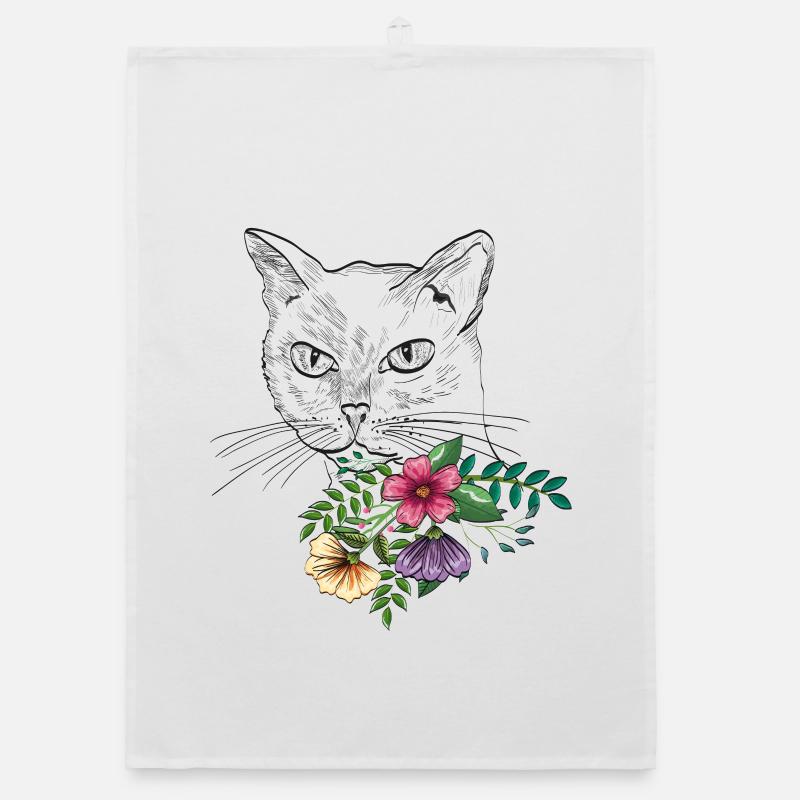 Katze mit Blumenstrauß - Organic Geschirrtuch - Weiß