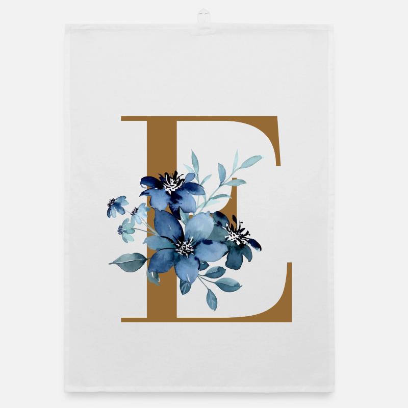 E floral – Lettre dorée avec des fleurs - Torchon bio - blanc