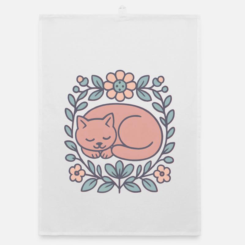 Chat endormi dans un cercle de fleurs Torchon bio
