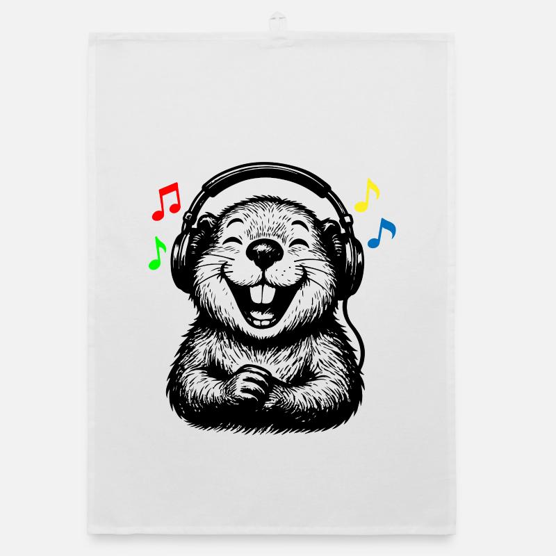 Happy Beaver avec casque Biber DJ Design - Torchon bio - blanc