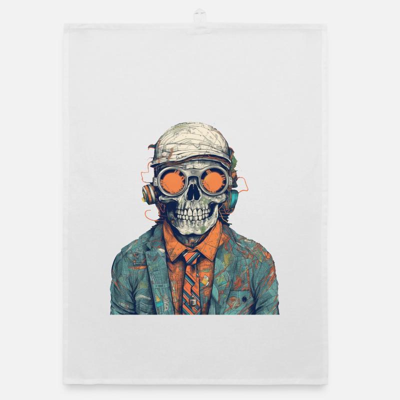 Cool skeleton portrait with sunglasses, cap Organic dish towel
