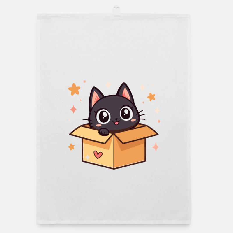 Cute black cat in a box Organic dish towel