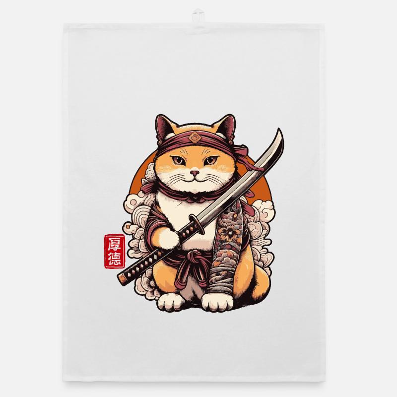 Samurai Cat with Sword Funny For Cats Lover Organic dish towel