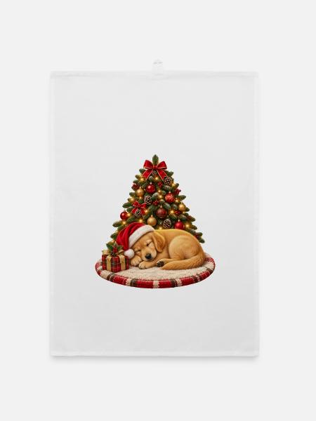 Schlafender Weihnachtshund am Baum - Organic Geschirrtuch - Weiß