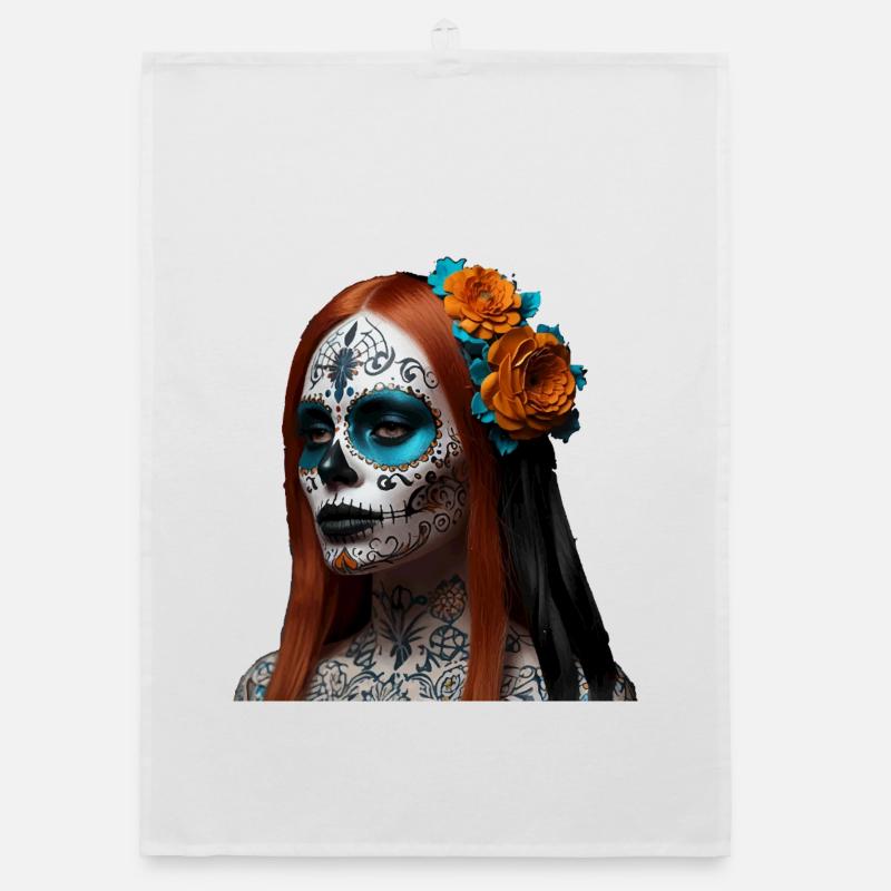 Sugar Skull Blumen Dia de Muertos - Organic Geschirrtuch - Weiß