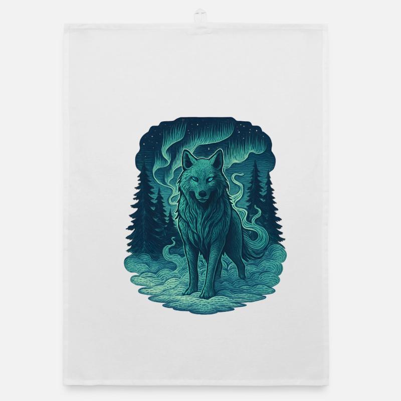 Northern Lights Wolf in the Forest Organic dish towel