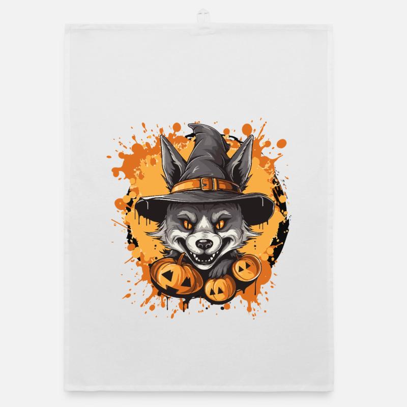 Halloween Wolf with Witch Hat Organic dish towel