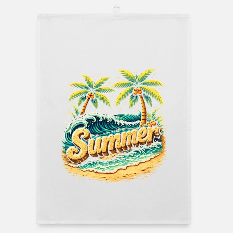 Palm Trees Beach Waves Illustration Organic dish towel