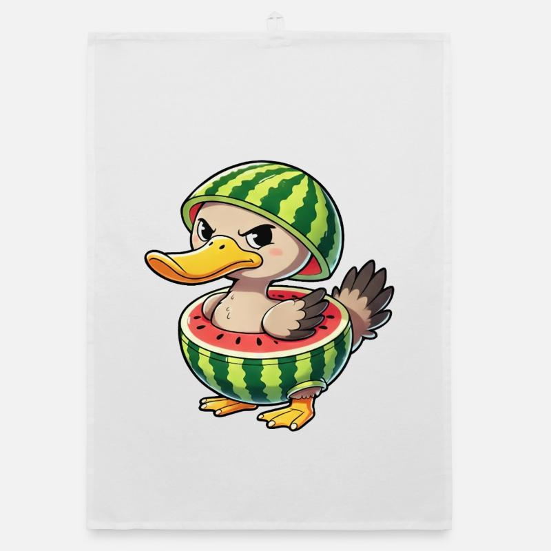 Grumpy duck with watermelon summer design Organic dish towel