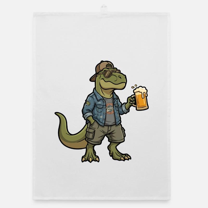 Dino beer drinker in denim Organic dish towel