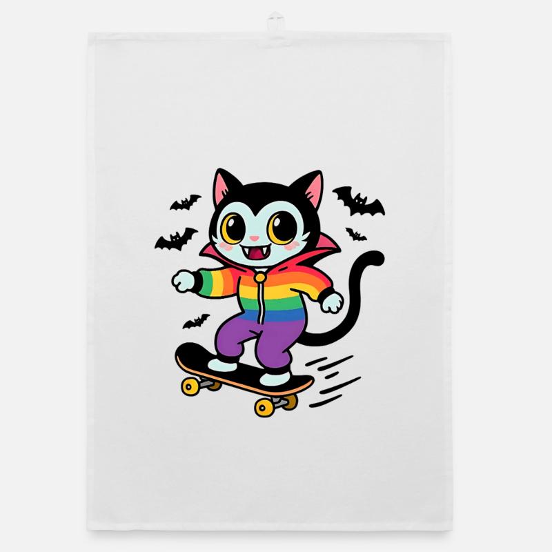 Rainbow Vampire Cat Skateboarding Organic dish towel