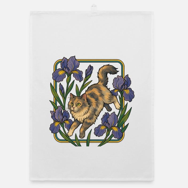 Chat élégant parmi les fleurs d'iris Torchon bio