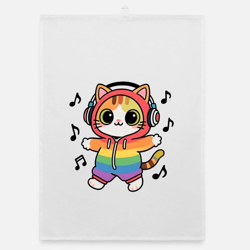 Rainbow Cat DJ Hoodie Musical Notes Organic dish towel