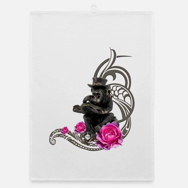 Funny steampunk monkey reads a book Organic dish towel