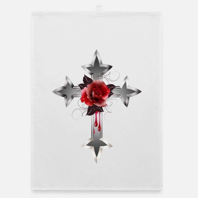 expressive gothic cross with red rose Organic dish towel