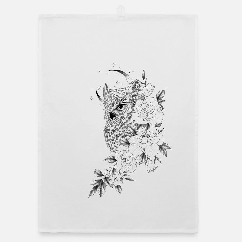 Eule Blumen Pfingstrose Eule Zeichnung Organic Geschirrtuch