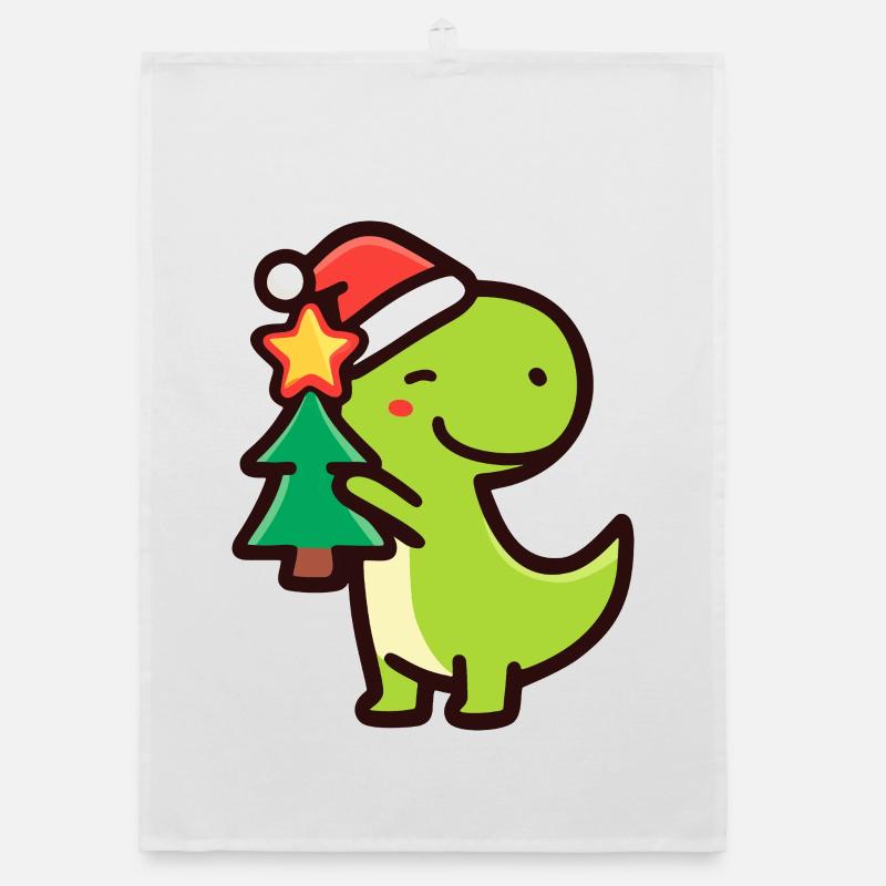 Kawaii Dino T-Rex mit Weihnachtsbaum - Organic Geschirrtuch - Weiß
