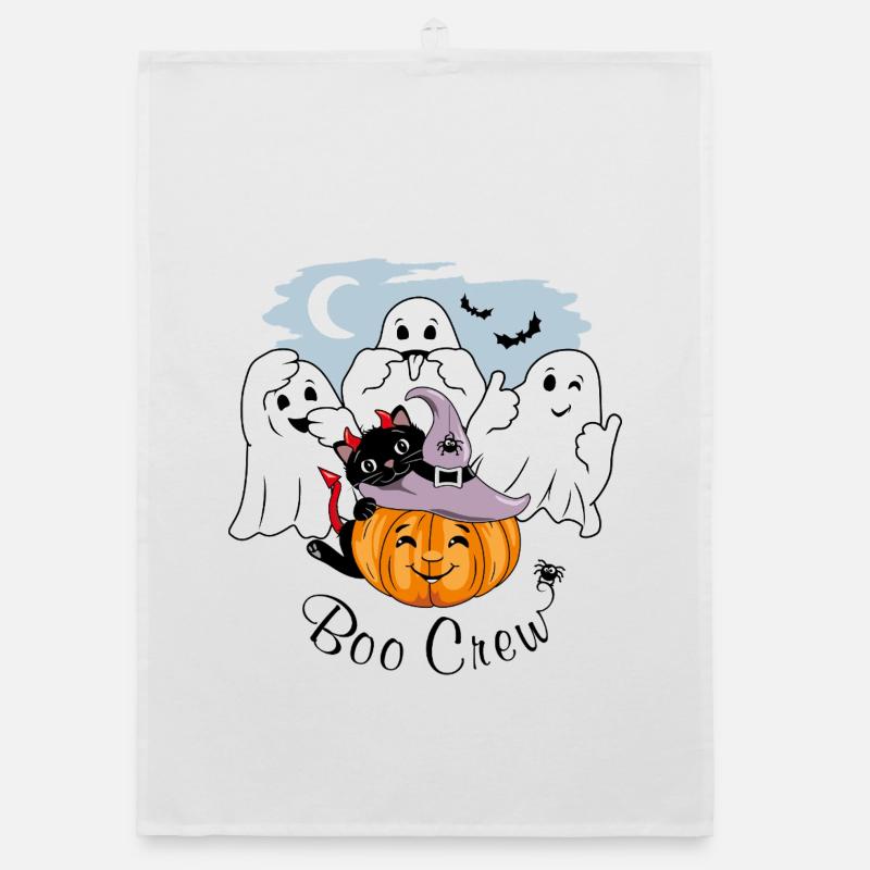 Three funny ghosts, black cat and smiling pumpkin Organic dish towel