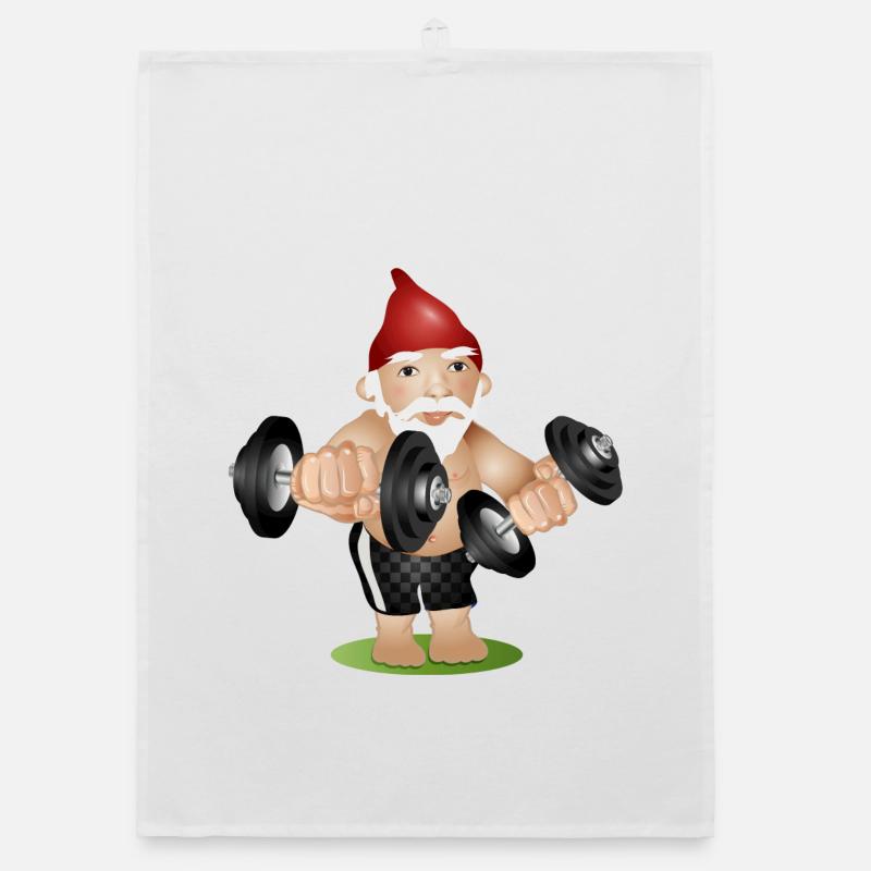 Bodybuilder garden gnome with dumbbells while exercising Organic dish towel