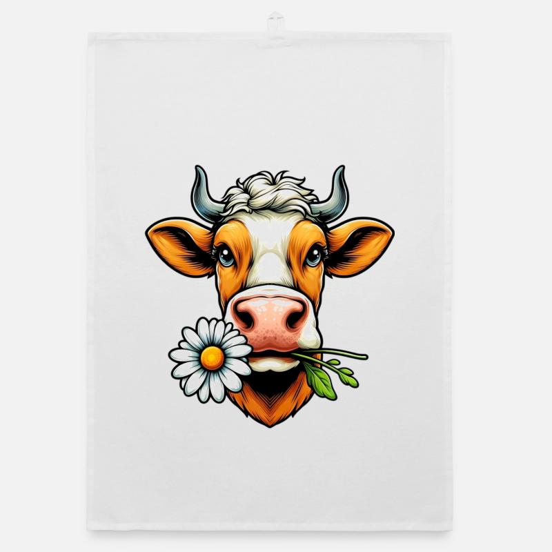 Vache avec une fleur de marguerite dans sa bouche fleurs Torchon bio