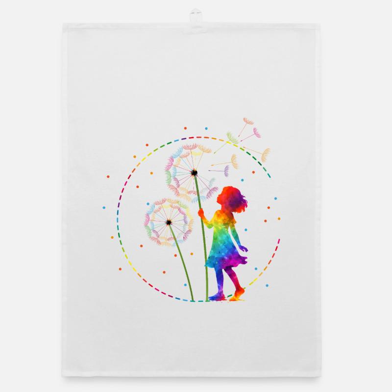 Regenbogen Mädchen mit Pusteblume Organic Geschirrtuch