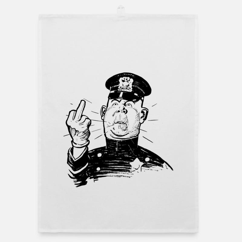 Furious policeman shows Ms. Finger Organic dish towel