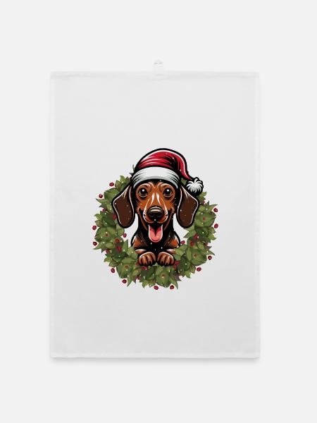 Teckel avec chapeau de Père Noël - chemise de vacances - Torchon bio - blanc - Devant