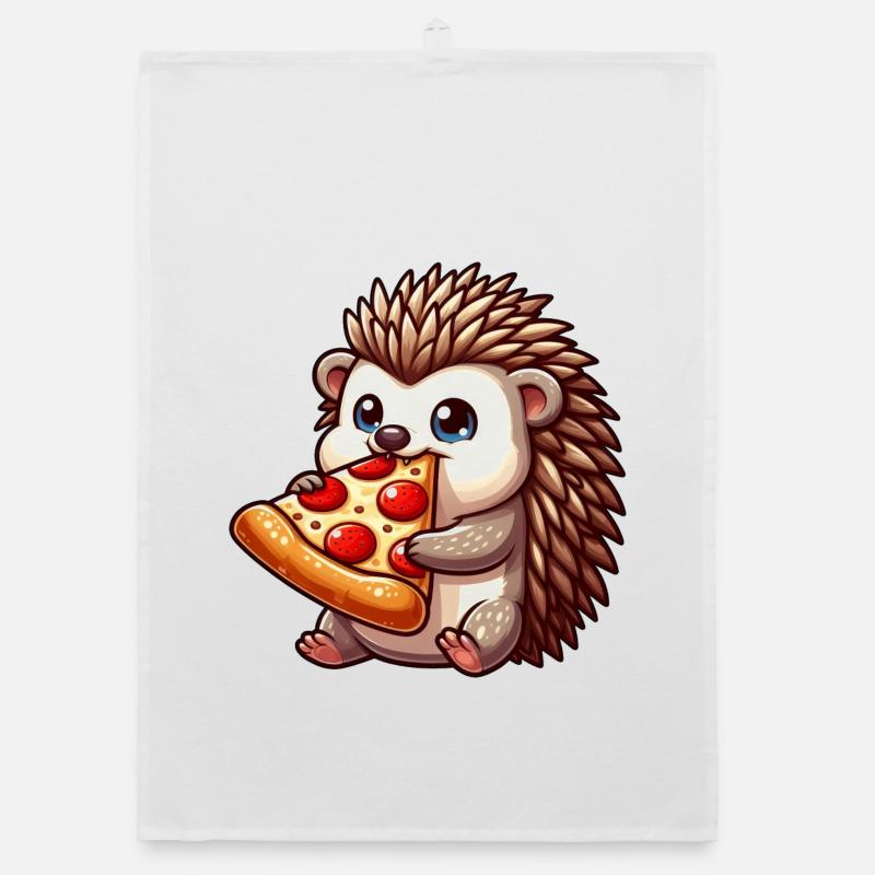 Drôle de hérisson mangeant une pizza aux olives et au fromage Torchon bio