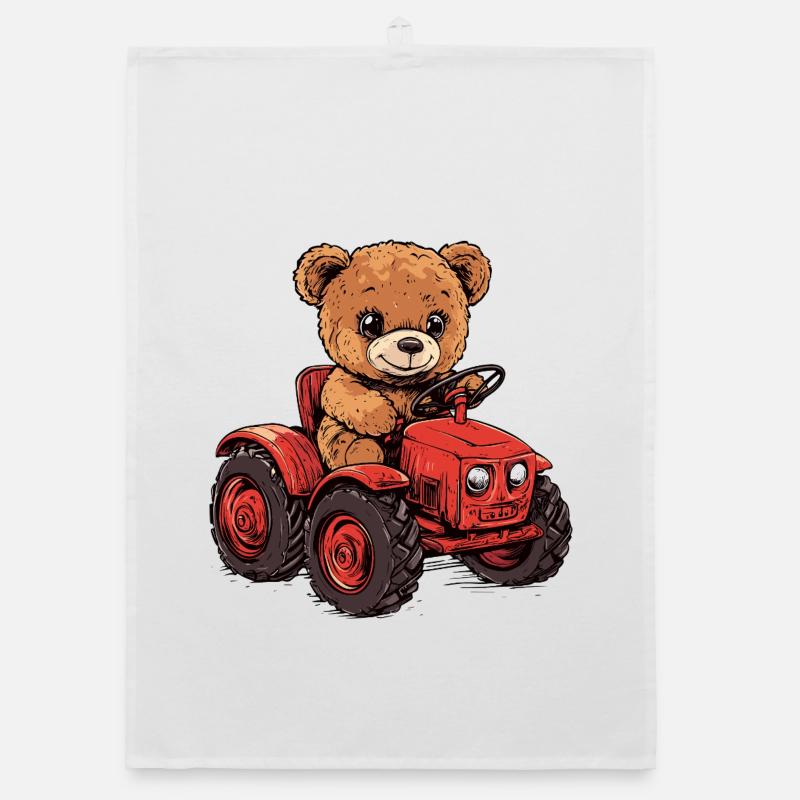 Teddy bear on red tractor Organic dish towel