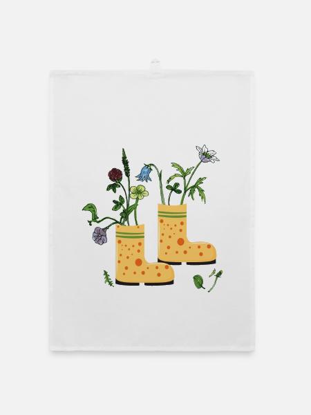 Garden boots with wildflowers - Organic dish towel - white - Front