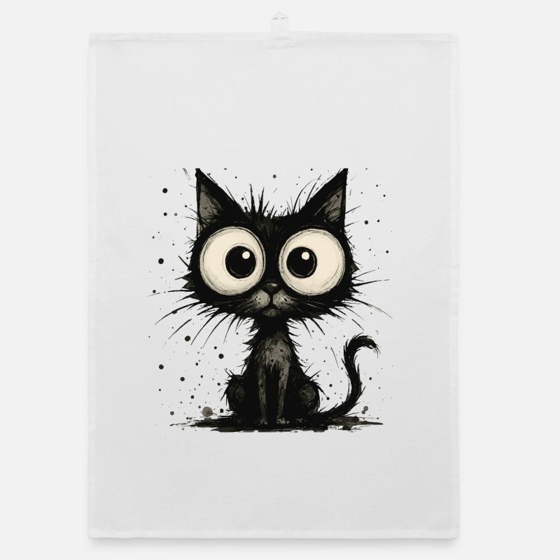 Funny black cat with big eyes – splash - Organic dish towel - white