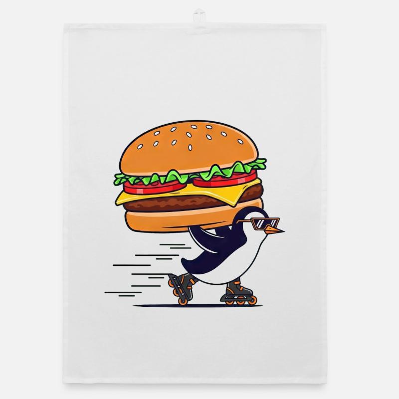 A cute penguin enjoying a cheeseburger. Organic dish towel