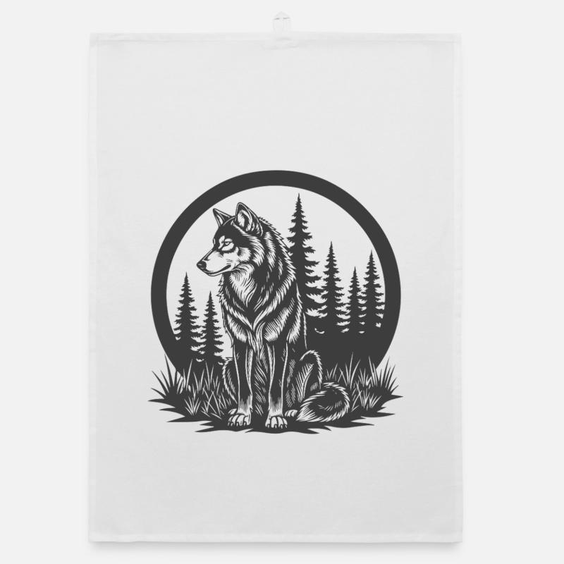 Forest wolf silhouette in a circle Organic dish towel